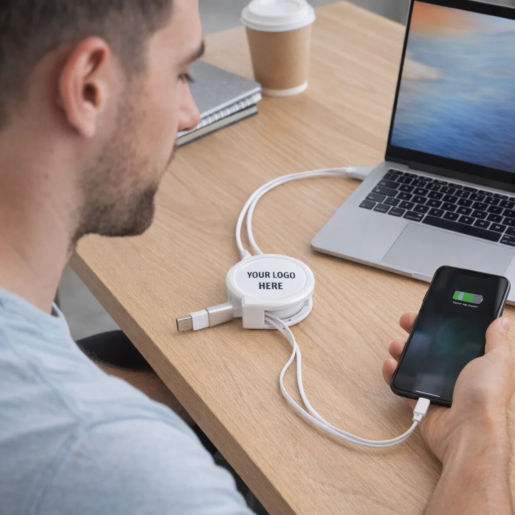 Man charges phone with Luton Charging Cables at desk, next to laptop and coffee cup.