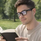 Young man in Parma Blue Light Glasses reading a book outdoors in a park on a sunny day.