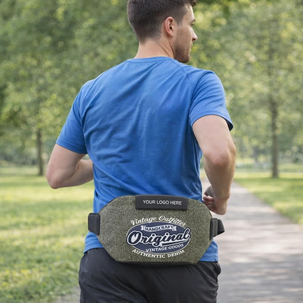 Man in blue shirt walking outside, wearing an Original Rory Belt Bags fanny pack.