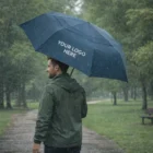 Man holding an Arlette Director Umbrella with logo, walking in a rainy park.