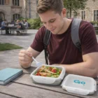 Young man in Surrey eating salad from a Surrey Collapsible Lunch Box at an outdoor table.