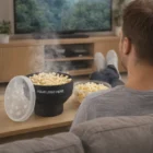 Person enjoying TV with popcorn in a Microwave Popcorn Popper bowl on the table.