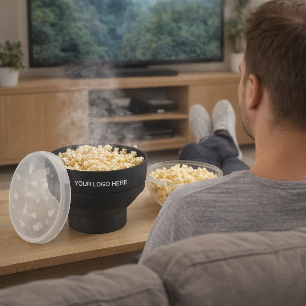 Person enjoying TV with popcorn in a Microwave Popcorn Popper bowl on the table.