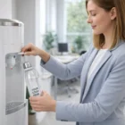 Woman refills a Capricorn Logo Branded Glass Bottle at an office water dispenser.