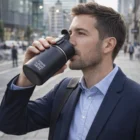 Man in suit drinks from Swiss Peak Stealth Vacuum Cup with Your Logo Here on city street.