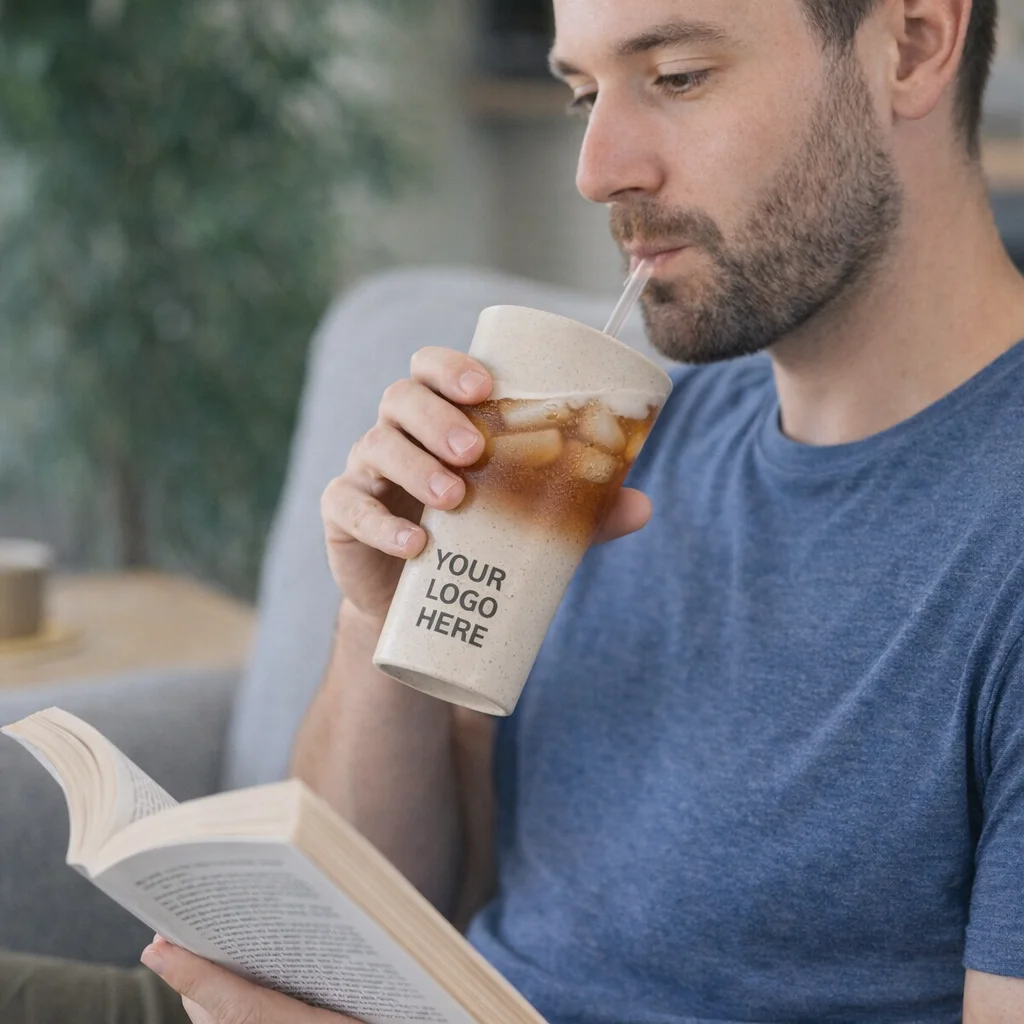 Man sipping iced drink from Buik Custom Natura Cups while reading a book.