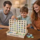 Family enjoys Promotional Four In A Row Games, smiling together in a cozy living room.