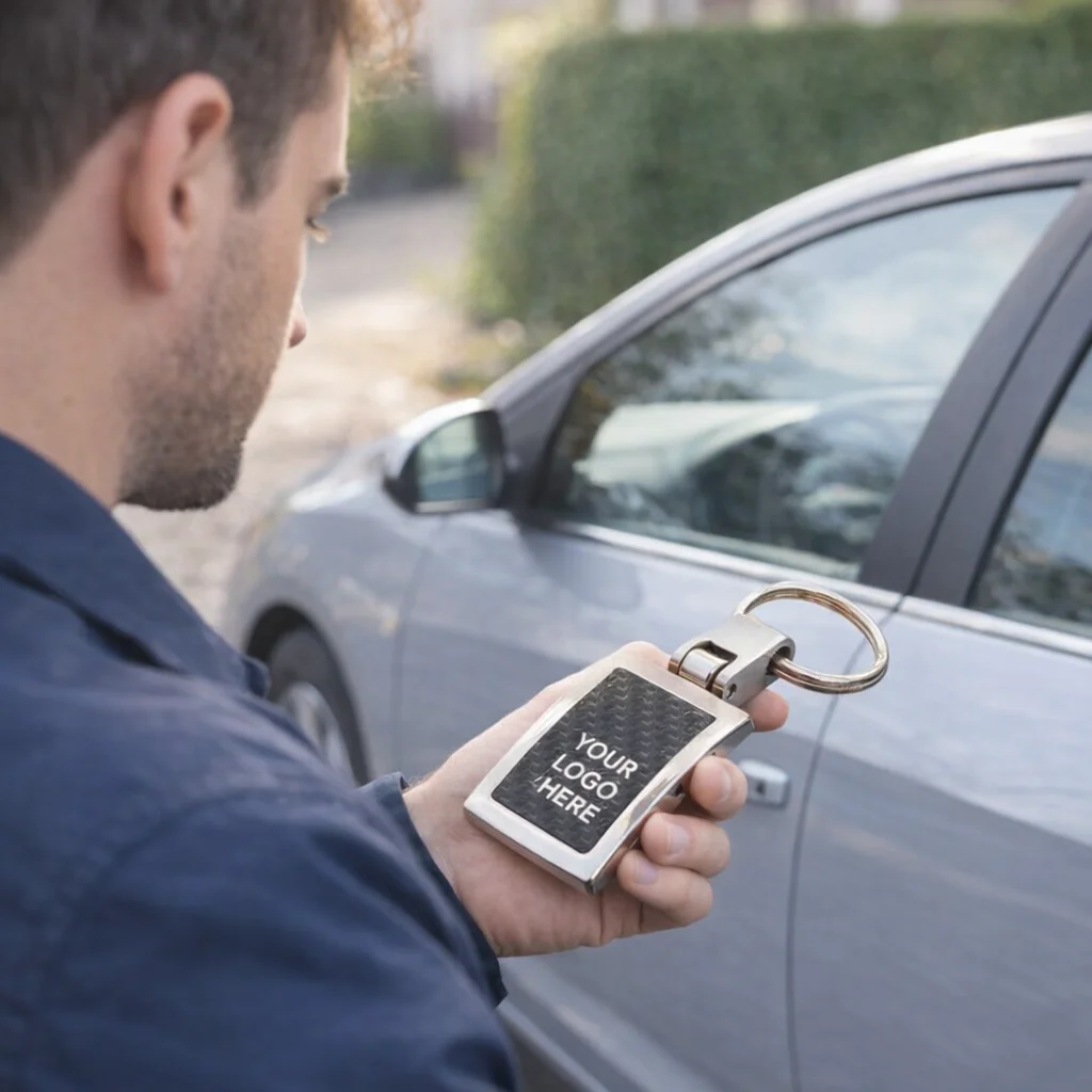Man holds Pierre Cardin Avant Garde Key Rings with YOUR LOGO HERE text by a silver car.