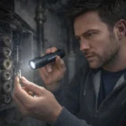 Man uses Flarez Rechargeable Torch to check a fuse in a dimly lit fuse box.