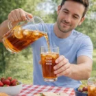 Man pours iced tea into Personalised Greenmount Glass Tumbler at an outdoor picnic table.