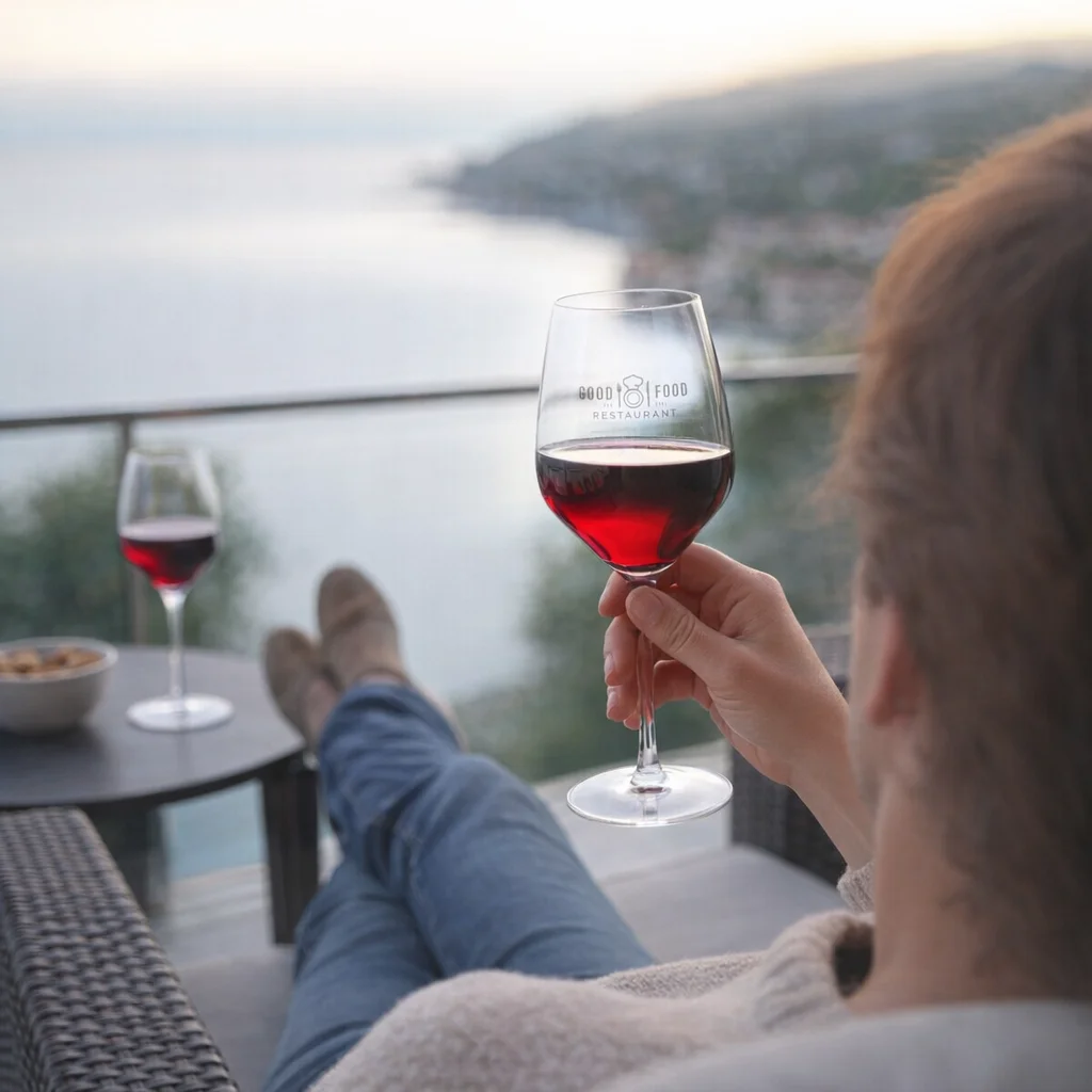 Relaxing with red wine in Luigi Bormioli Atelier 440Ml glasses, enjoying the waterfront view.
