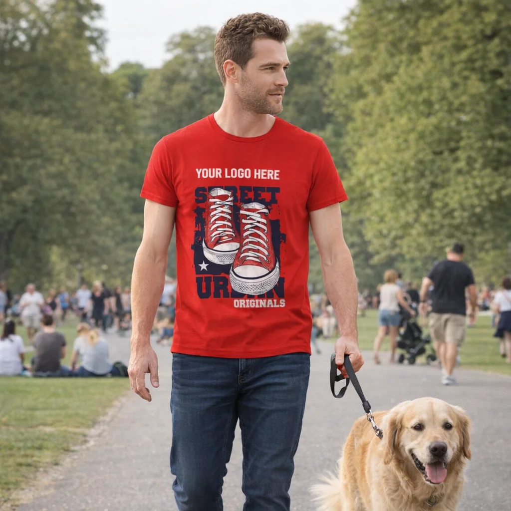 Man in Sols Pioneer Mens Organic T-Shirt with sneakers design walks golden retriever in park.