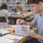Student with Clementine Reusable Pouches Small and a pink highlighter in the library.