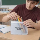 Student places colored pencils in a large Aurelia Reusable Pouch labeled "YOUR LOGO HERE.