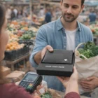 Man at market pays with card from his Swiss Peak Anti Skimming Wallet while holding groceries.