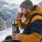 Man in winter jacket drinks from Swiss Peak Duo Cup Vacuum Flask with Your Logo Here.