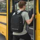 A person with a Swiss Peak RFID Backpack boards a yellow school bus.