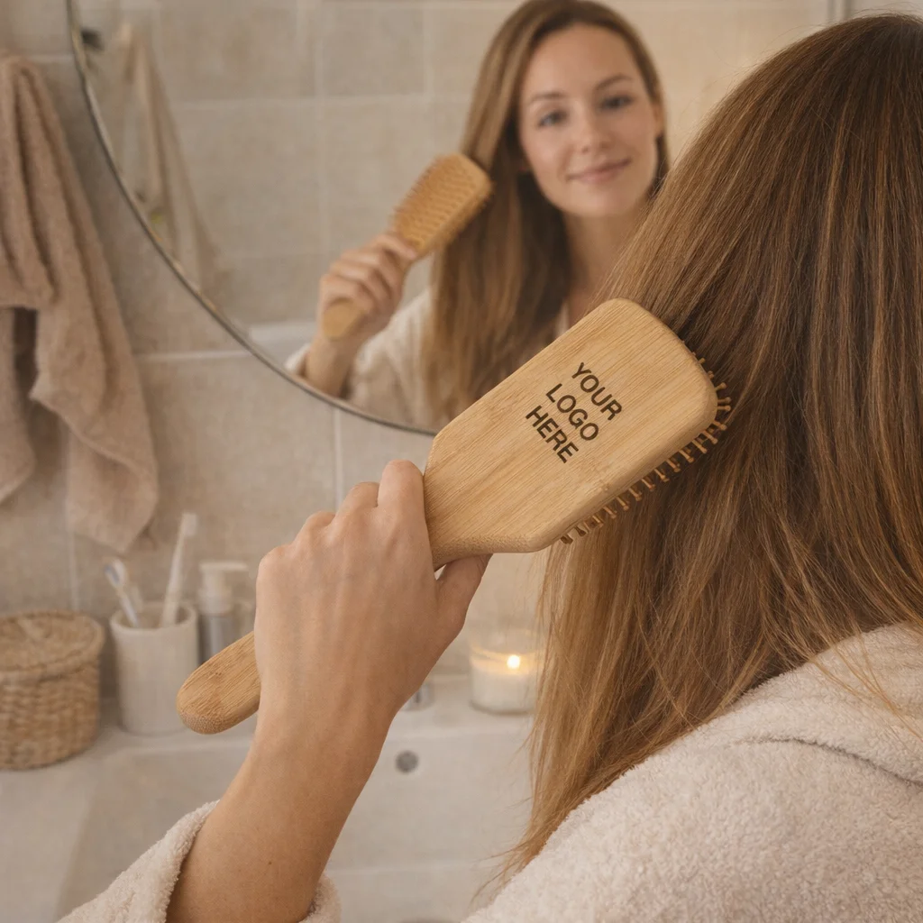Woman uses Xyla Bamboo Hair Brush in front of mirror; "Your Logo Here" on brush.