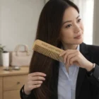 Woman brushing long hair with a Bamboo Naya Hair Comb featuring YOUR LOGO HERE text.