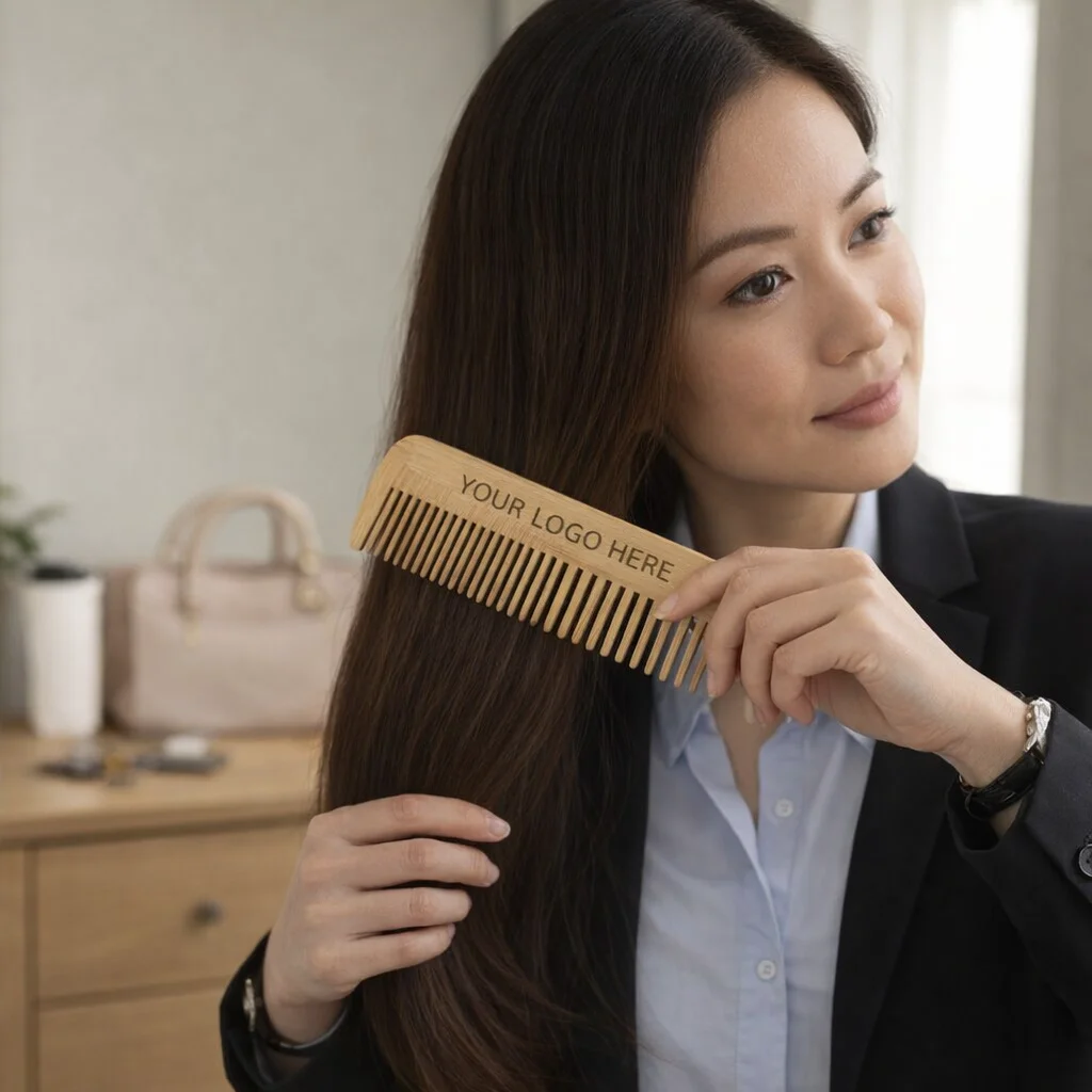 Woman brushing long hair with a Bamboo Naya Hair Comb featuring YOUR LOGO HERE text.
