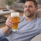Smiling man holding Schooner Beer Glasses with your logo, sitting on a sofa.
