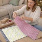 Woman wrapping gifts with Decorated Wrapping Paper Sheets at a wooden coffee table.