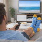 Man on couch watching TV with remote, wearing Moda Surrey Crew Socks.