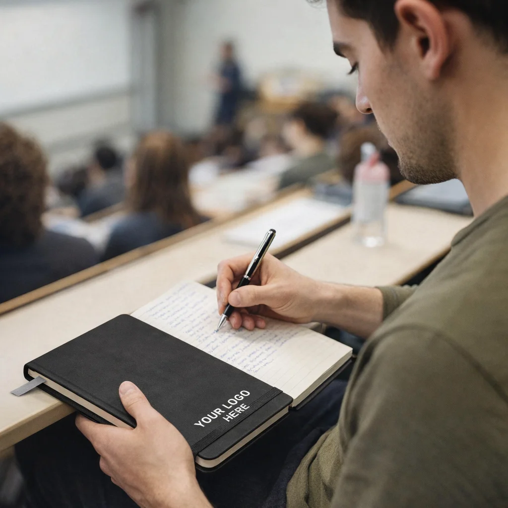 Student takes notes in a lecture hall with a Pierre Cardin Novelle Notebook and pen.
