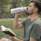 Man drinking from a Hiccup Stainless Steel Bottle and reading on grass in a park.