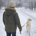 In Galway, a person and their dog walk in snow, both wearing Galway Waffle Beanies.