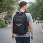 Man in Davenport wears a gray shirt and black Davenport Laptop Backpack, Your Logo Here.