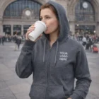 Woman in Kingston wears Kingston Unisex Hoodie with Your Logo Here, sipping coffee in a plaza.