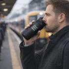 Man drinking from an Elixa Vacuum Cup with custom logo at a train station platform.