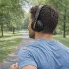 Man in blue shirt jogging, seen from behind, wearing black Skullcandy Cassette Headphones.
