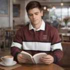 Man in a Durable Rugby Shirt reads a book at a cafe table with coffee.