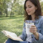 Woman reading outdoors holding a Vimy Vacuum Cup with Your Logo Here printed on it.