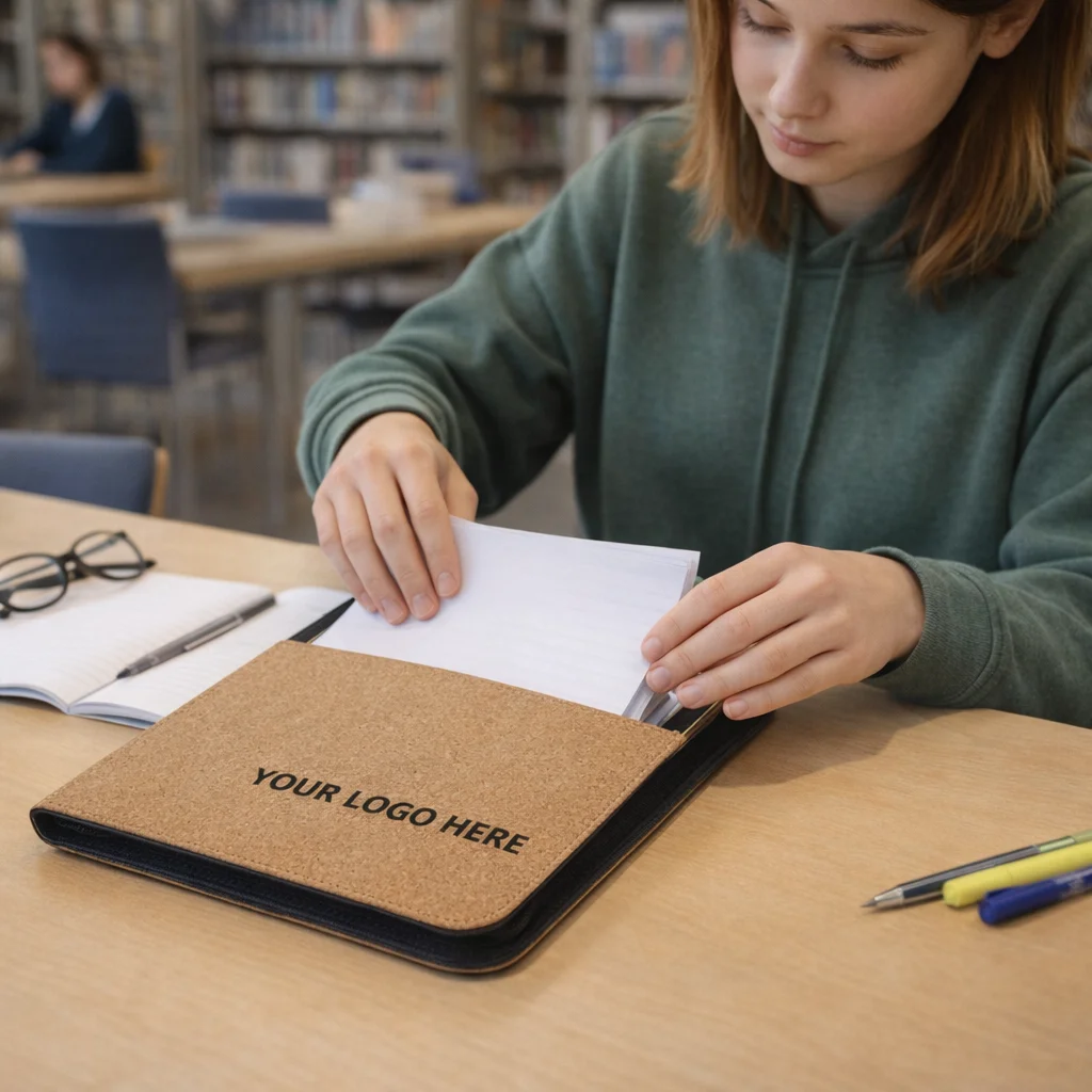 Person in a library organizing A4 papers into Maeve Cork Portfolios Aeur A4.