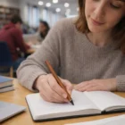 A woman writes in a notebook with a Sherbrooke Inkless Pen at the library study area.