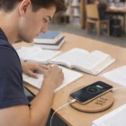 Young man studying at a desk, phone charging on a Shefford Wireless Chargers Round pad.