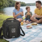 A family picnics by a lake with Skye Cooler Bags in the foreground.
