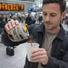 Man pours coffee into Morrisville Cups Aeur 230Ml at a busy train station.