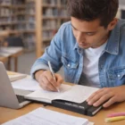 Young man studying with Clayton Hardcover Notebooks - Large next to laptop and papers in library.