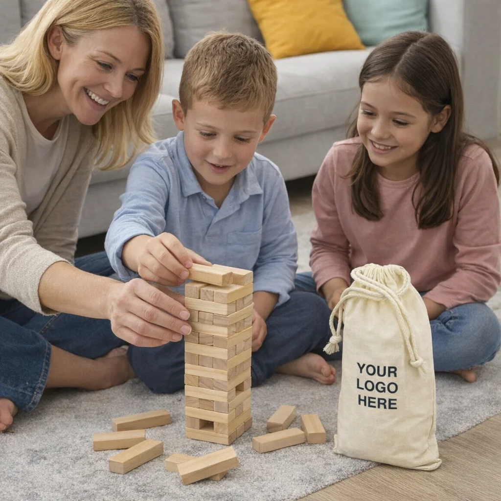 A woman and two kids play Maryland Mini Tumbling Towers on the floor by a canvas bag.