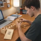 Young man in Coppell solves a wooden puzzle with Coppell Brain Teaser Sets, laptop, and books.