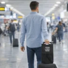 Man in airport holds Michigan Trolley Bags featuring a "Your Logo Here" sign on his luggage.