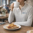 Woman in gray Sols Perfect Womens Long Sleeve Polo drinks coffee at a café table.