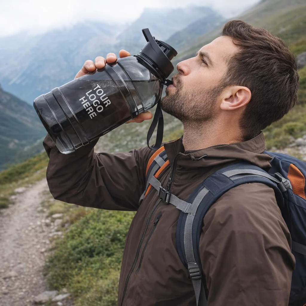 Man with brown jacket and backpack drinks from a 2.2L Colossal Tritan bottle on a mountain trail.