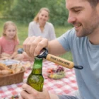 Man opens bottle with Dennyl Bottle Opener as woman and child relax on picnic blanket.