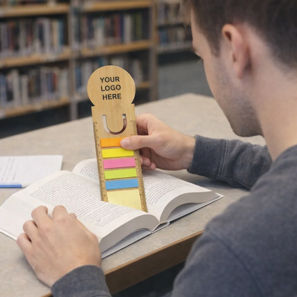 Someone uses an Alta Round Ruler Bookmarks with sticky notes while reading at a library table.
