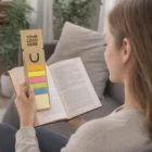 Woman reading with Alta Square Ruler Bookmark, holding sticky notes and custom logo space.